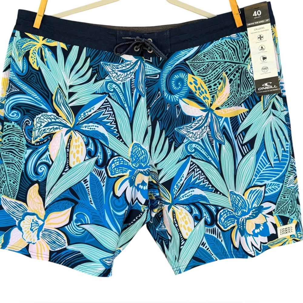 NWT O'Neill Tropical Blue Yellow Men's Swim Trunks Board Shorts Size 40 Pockets